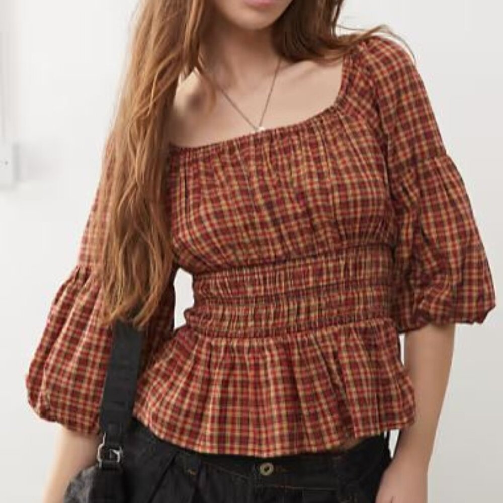 COLLUSION BUBBLE SLEEVE SMOCK TOP IN RUST CHECK